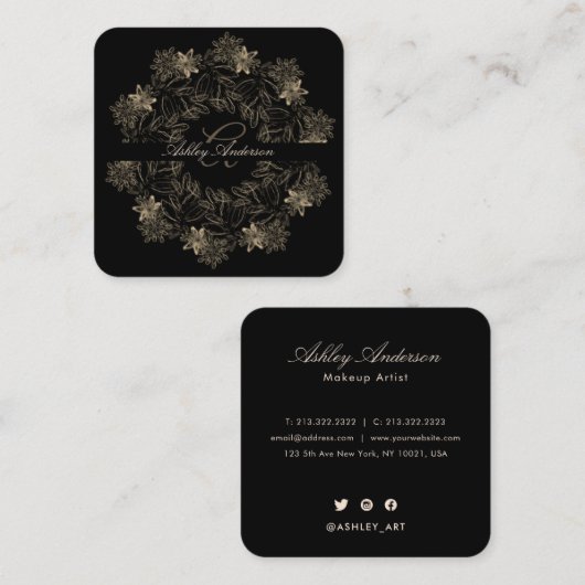 シックエレガントブラックと金ゴールドフローラスクリプトモノグラム スクエア名刺 (正面/裏面)