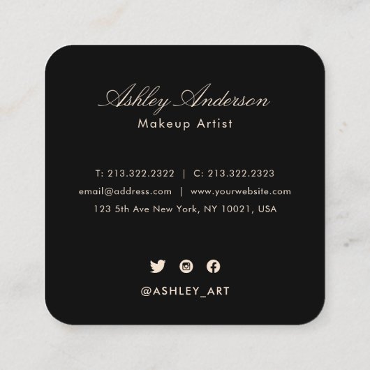 シックエレガントブラックと金ゴールドフローラスクリプトモノグラム スクエア名刺 (裏面)