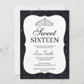 シックエレガントブラックグリッターティアラスウィート16 招待状 (正面)