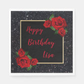シックエレガントブラックグリッターレッドローゼス誕生日 スタンダードランチョンナプキン (正面)