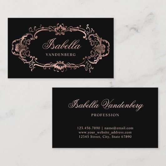 シックエレガントブラックバラ金ゴールドヴィンテージオーナメント 名刺 (正面/裏面)