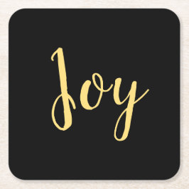 シックエレガントブラックフォーマルイエロー金ゴールド「Joy」スクリプト スクエアペーパーコースター