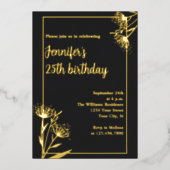 シックエレガントブラックフローラ25thバースデーパーティー 箔招待状 (正面)
