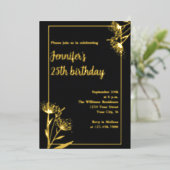 シックエレガントブラックフローラ25thバースデーパーティー 箔招待状 (立ち正面)