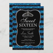 シックエレガントブラックブルーグリッターティアラスイート16 招待状 (正面/裏面)