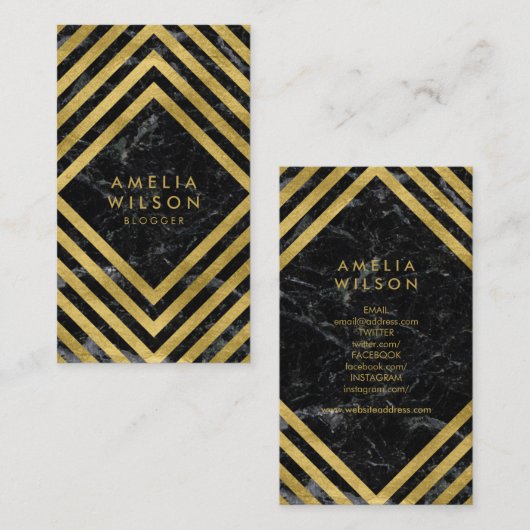 シックエレガントブラックマーブルフェイク金ゴールドソーシャルメディア 名刺 (正面/裏面)