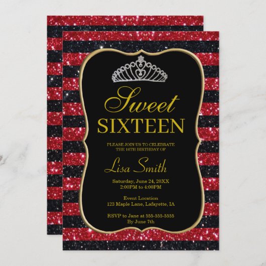 シックエレガントブラックレッドグリッターティアラスウィート16 招待状 (正面/裏面)