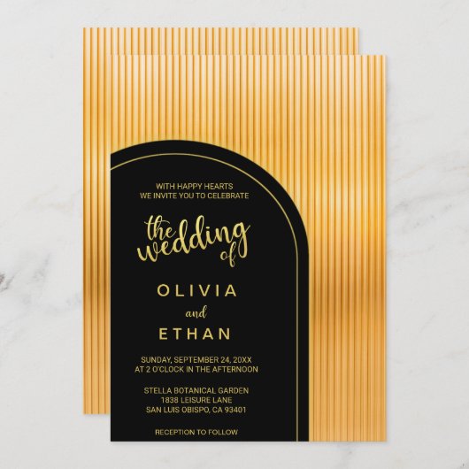 シックエレガントブラック金ゴールドファンシー結婚式招待状 招待状 (正面/裏面)