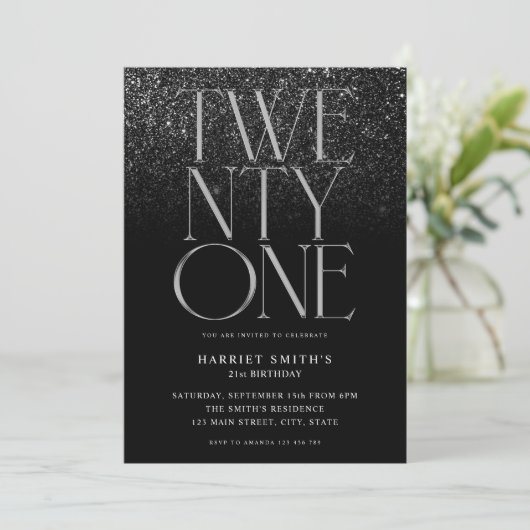 シックエレガントブラック21歳の誕生日パーティー 招待状 (スタンド正面)