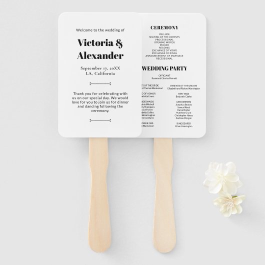 シックエレガントブラック&ホワイトシンプル結婚式 プログラム ハンドファン (正面&裏面)