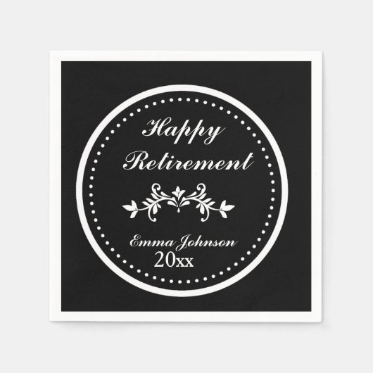 シックエレガントブラック&ホワイトハッピーリタイア スタンダードカクテルナプキン (正面)