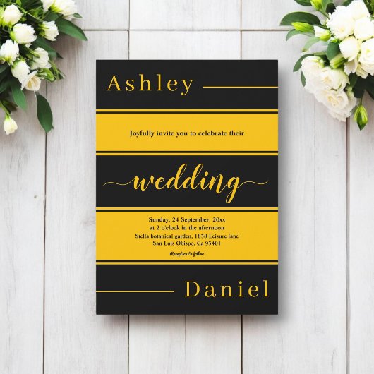 シックエレガントブラック&金ゴールドストライプラグジュアリー結婚ズ 招待状