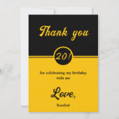 シックエレガントブラック&金ゴールドトレンディー20th誕生日 サンキューカード (正面)