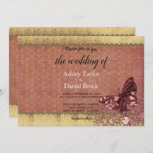 シックエレガントブルゴーニュバラフォーマル金ゴールド結婚ズ 招待状 (正面/裏面)