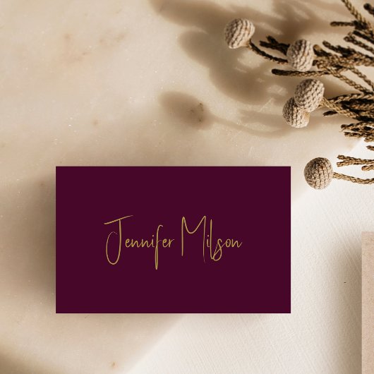 シックエレガントブルゴーニュ&金ゴールド手書きスクリプト 名刺