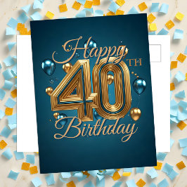 シックエレガントブルーと金ゴールドバルーン40th誕生日 ポストカード