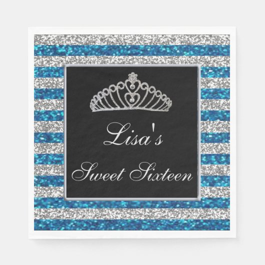シックエレガントブルーシルバーグリッターティアラスウィート16 スタンダードランチョンナプキン (正面)