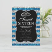 シックエレガントブルーシルバーグリッターティアラスウィート16 招待状 (スタンド正面)