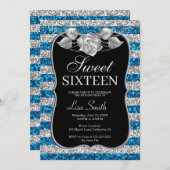 シックエレガントブルーシルバーグリッターバラスウィート16 招待状 (正面/裏面)