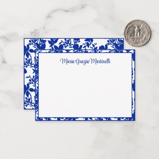 シックエレガントブルーフローラルパターカスタムン ノートカード (正面/裏面インサイチュ)