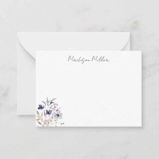 シックエレガントブルーワイルドフラワーフローラ ノートカード (正面)