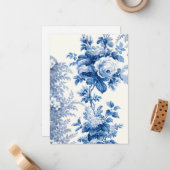 シックエレガントブルーヴィンテージバラ ノートカード (正面/裏面インサイチュ)