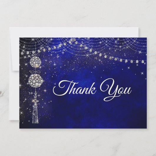 シックエレガントブルー王室のオーナメントクリスマス サンキューカード (正面)