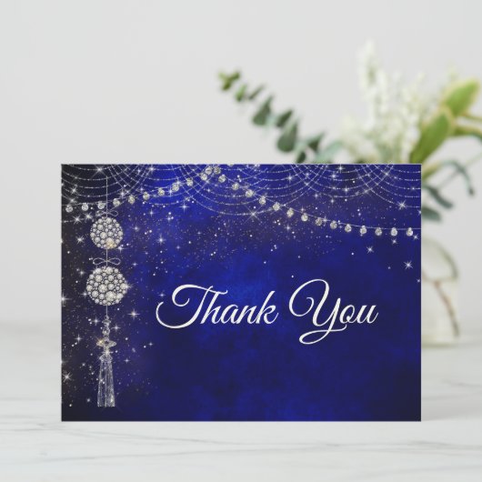 シックエレガントブルー王室のオーナメントクリスマス サンキューカード (スタンド正面)