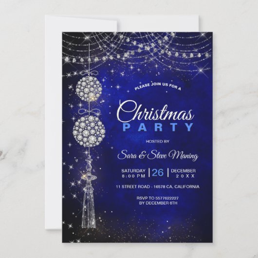 シックエレガントブルー王室のオーナメントクリスマス 招待状 (正面)