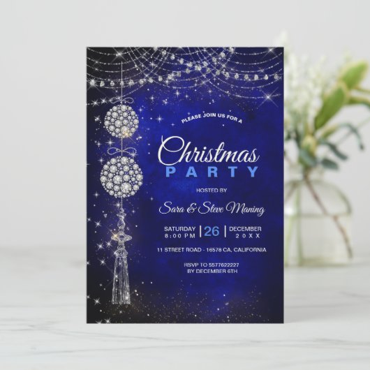 シックエレガントブルー王室のオーナメントクリスマス 招待状 (スタンド正面)