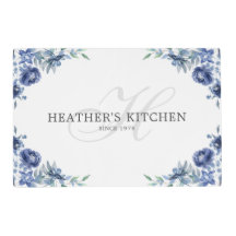 シックエレガントブルー花模様モノグラム名