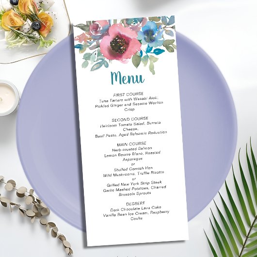 シックエレガントブルー&ピンクウォーターカラーフローラ結婚ズ メニュー