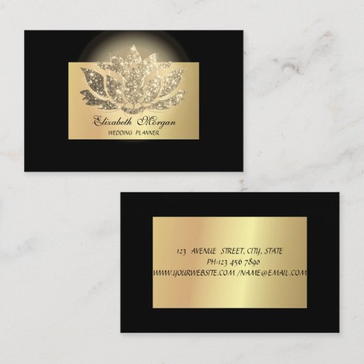 シックエレガントプロフェッショナル、金ゴールドロータス、ブラック 名刺 (正面/裏面)