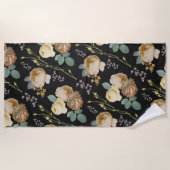 シックエレガントベージュバラフローラオンブラック ビーチタオル (正面)