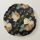 シックエレガントベージュバラフローラオンブラック ラウンドクッション (正面)