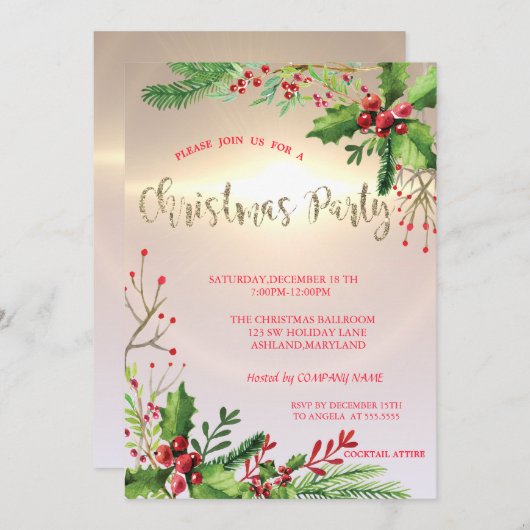 シックエレガントホリーベリーカンパニークリスマスパーティー 招待状 (正面/裏面)