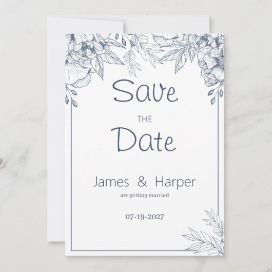 シックエレガントホワイトグレーブルーフローラ保存日付 招待状 (正面)