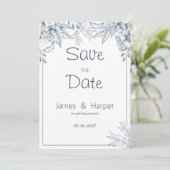 シックエレガントホワイトグレーブルーフローラ保存日付 招待状 (スタンド正面)