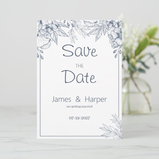 シックエレガントホワイトグレーブルーフローラ保存日付 招待状 (スタンド正面)