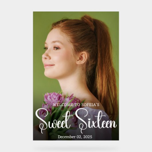 シックエレガントホワイトスクリプトSweet sixteenフォトキャッシュ アクリルサイン (正面)