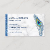 シックエレガントホワイトマーブルブルーインディアン孔雀 名刺 (裏面)