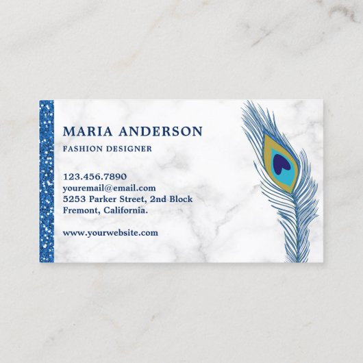 シックエレガントホワイトマーブルブルーインディアン孔雀 名刺 (裏面)
