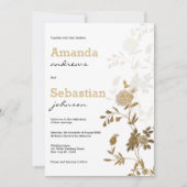 シックエレガントホワイト金ゴールドグリッター結婚フローラ 招待状 (正面)