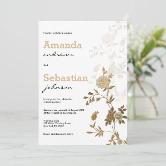 シックエレガントホワイト金ゴールドグリッター結婚フローラ 招待状 (スタンド正面)