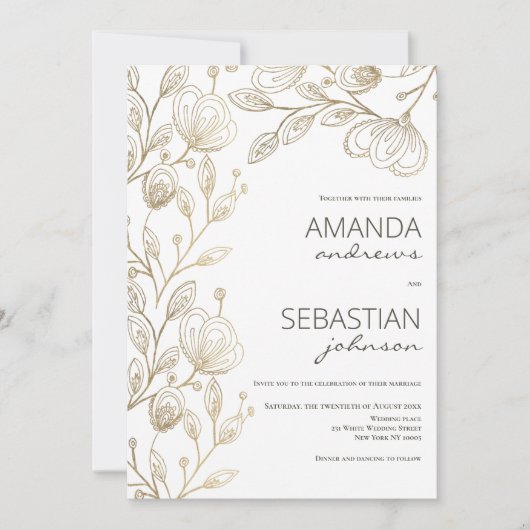 シックエレガントホワイト金ゴールドレースフローラ結婚テーマ 招待状 (正面)