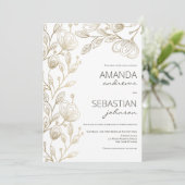 シックエレガントホワイト金ゴールドレースフローラ結婚テーマ 招待状 (スタンド正面)