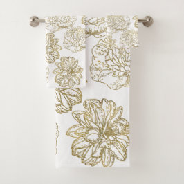シックエレガントホワイト金ゴールド線描花模様 バスタオルセット