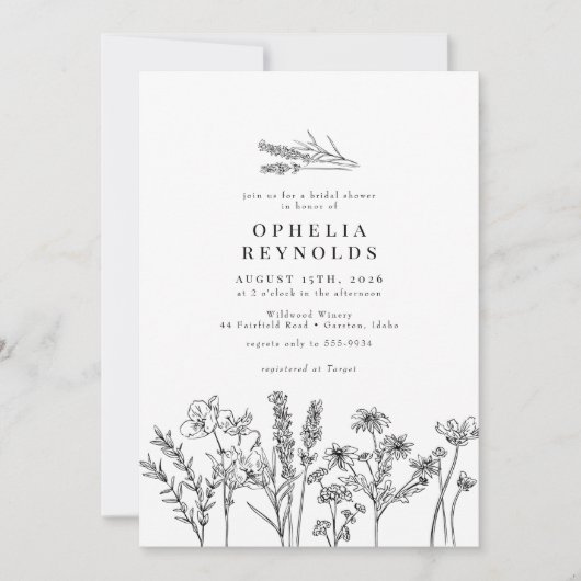 シックエレガントボホワイルドフラワーブライダルシャワー 招待状 (正面)