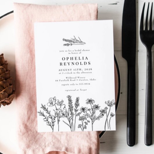 シックエレガントボホワイルドフラワーブライダルシャワー 招待状