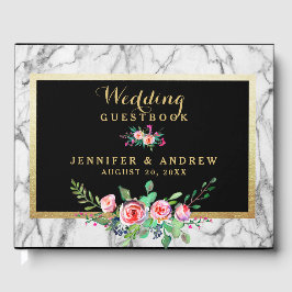 シックエレガントマーブルブラック金ゴールドピンクフローラ結婚ズ ゲストブック